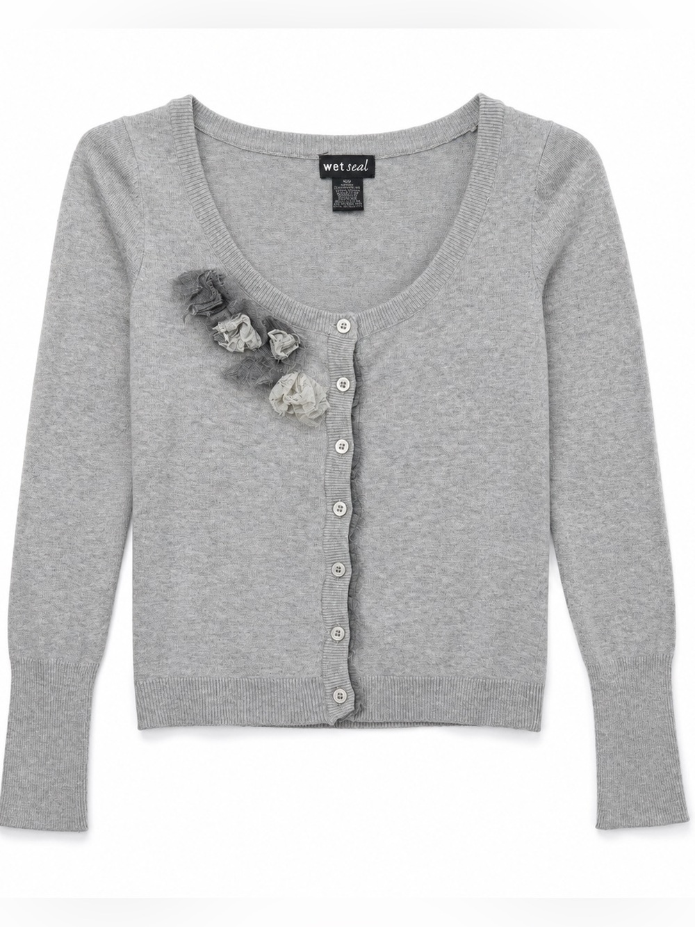 Wet Seal Gray Rosette Lace Cardigan Y2K Coquette Scoop Neck M